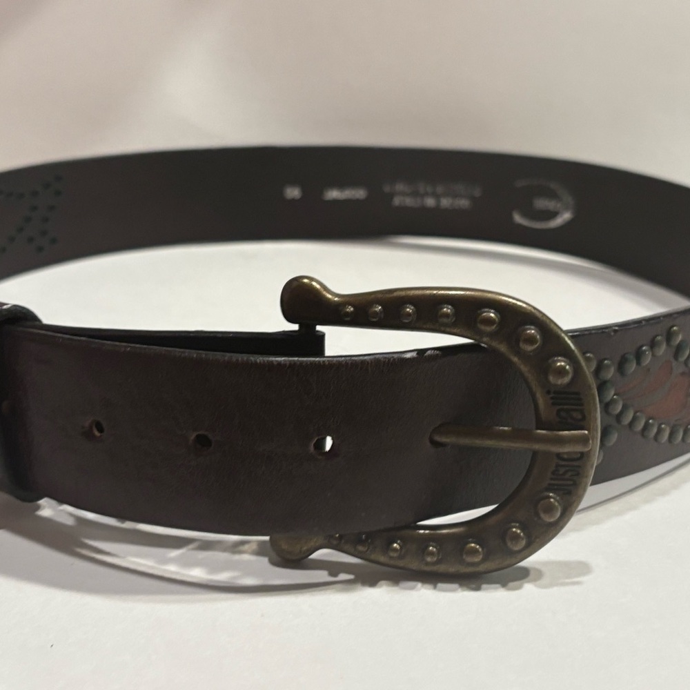 Just Cavalli Mens Leather Brown Studded Belt With Metal Buckle Size 90
